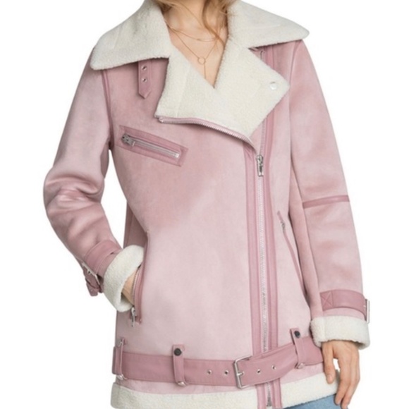 Pink oversized shearling moto jacket - Picture 3 of 8
